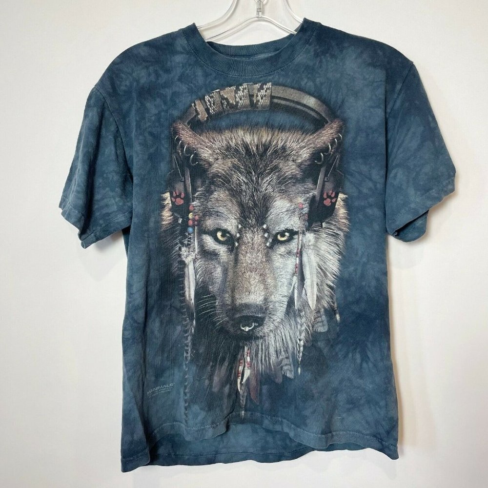 The Mountain Mens DJ Wolf Manimals Tie Dye T Shirt Blue Size Small Short Sleeve